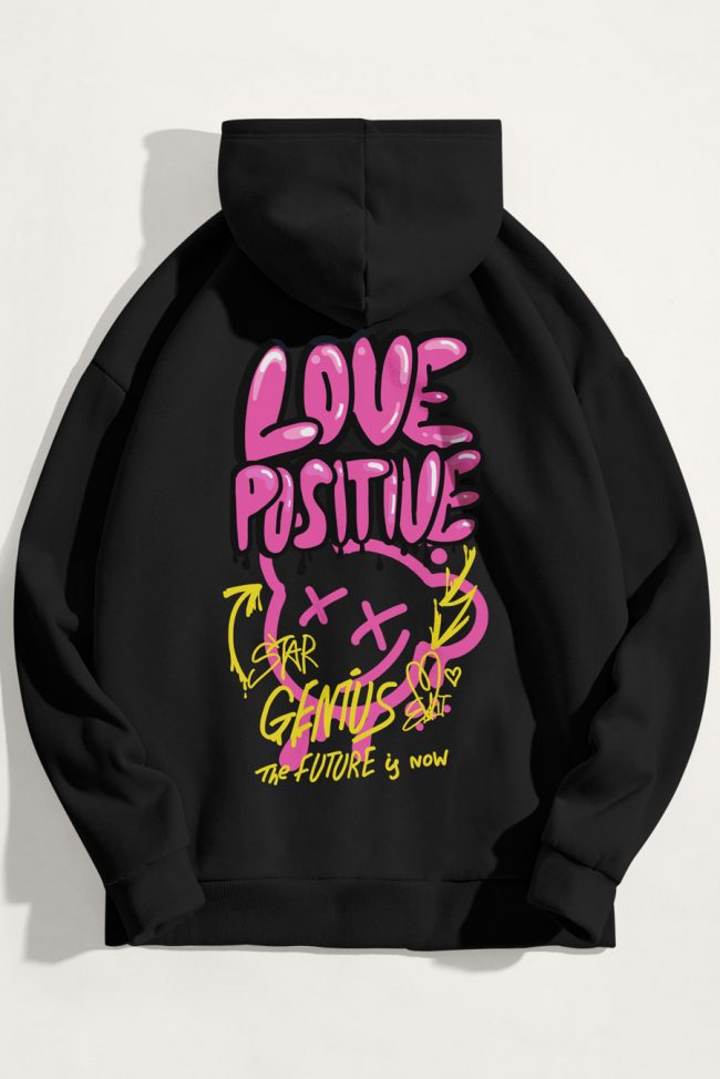 Love Positive, Φούτερ με Κουκούλα σε Μαύρο Χρώμα