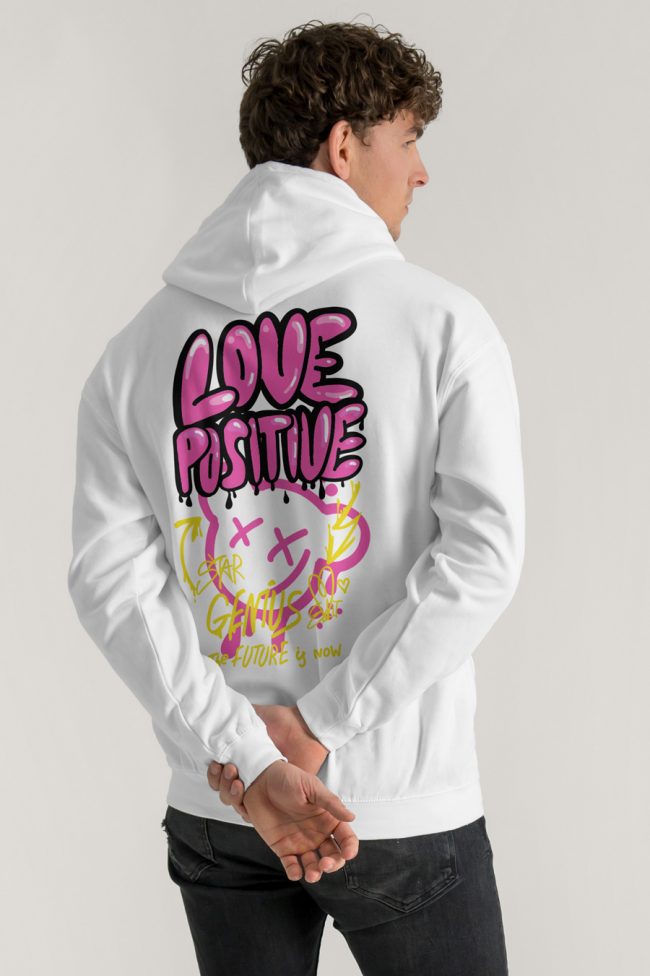 Love Positive, Φούτερ με Κουκούλα σε Λευκό Χρώμα