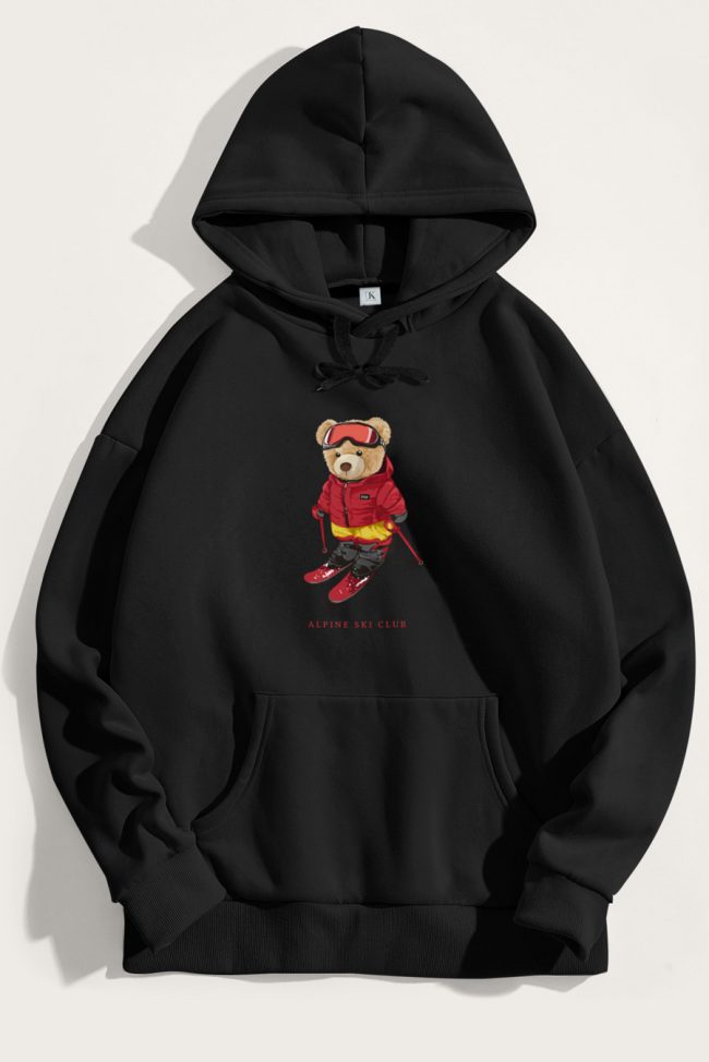 Ski Club Teddy, Φούτερ με Κουκούλα σε Μαύρο Χρώμα