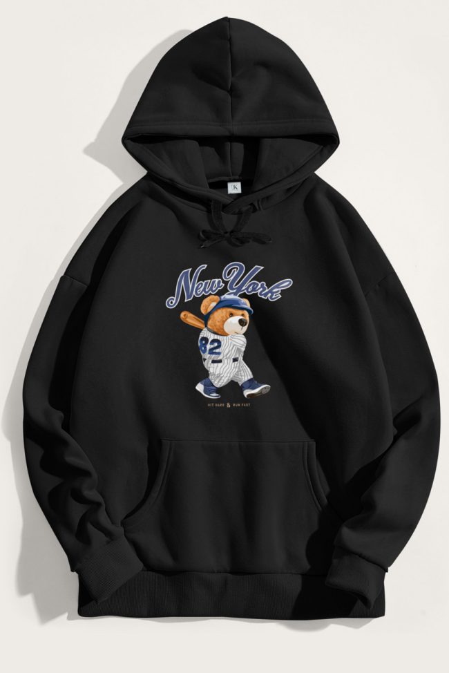 Baseball Teddy, Φούτερ με Κουκούλα σε Μαύρο Χρώμα