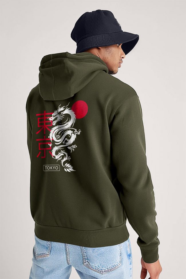 Tokyo Rising Dragon, Φούτερ με Κουκούλα σε Χακί Χρώμα