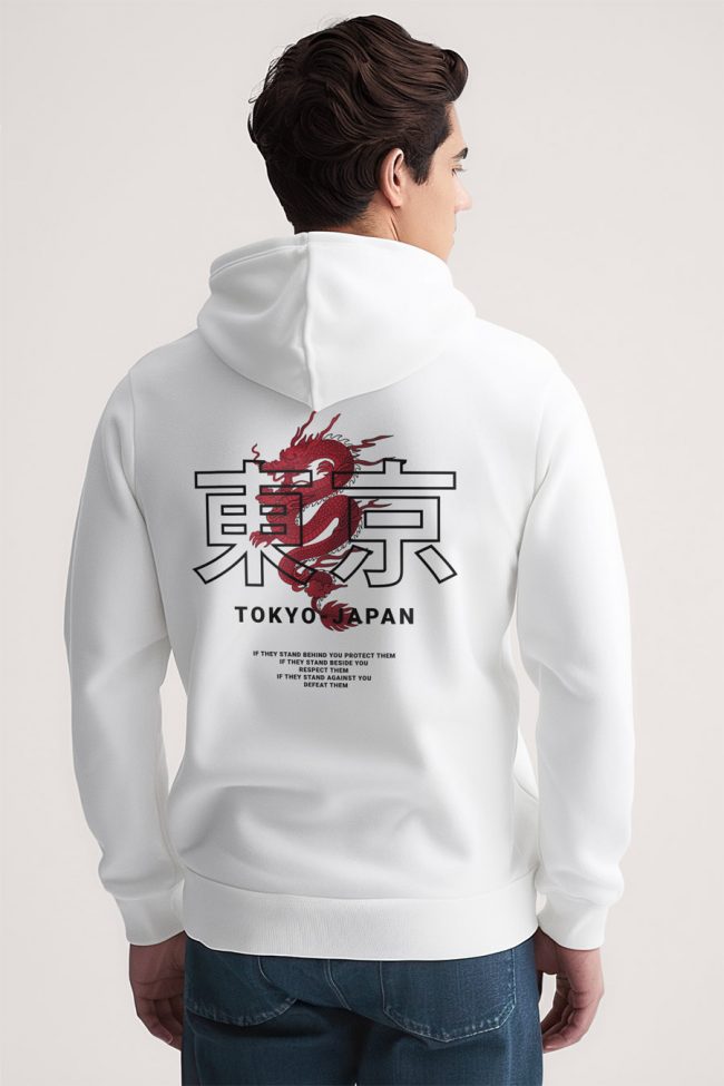 Japanese Dragon, Φούτερ με Κουκούλα σε Λευκό Χρώμα