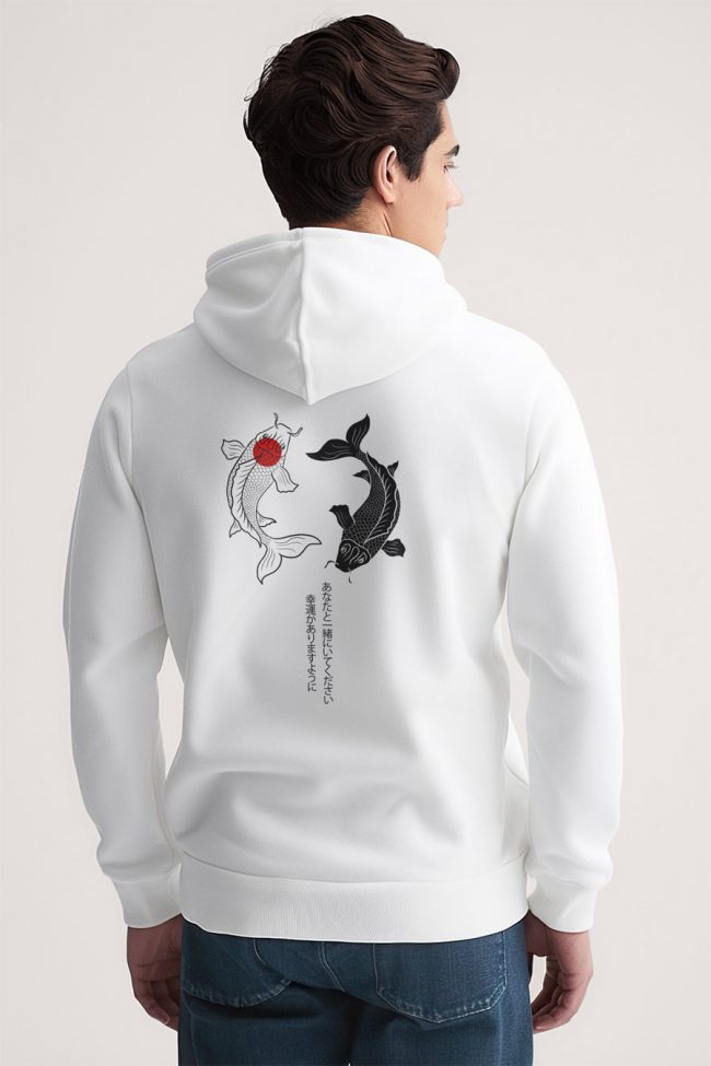 Yin Yang Koi Fish, Φούτερ με Κουκούλα σε Λευκό Χρώμα