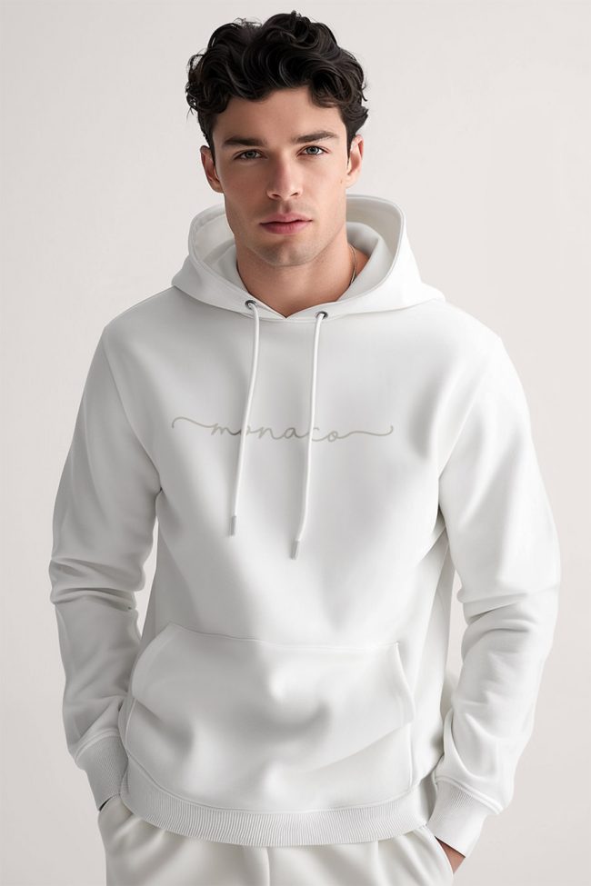 Monaco Calligraphy Grey, Φούτερ με Κουκούλα σε Λευκό Χρώμα