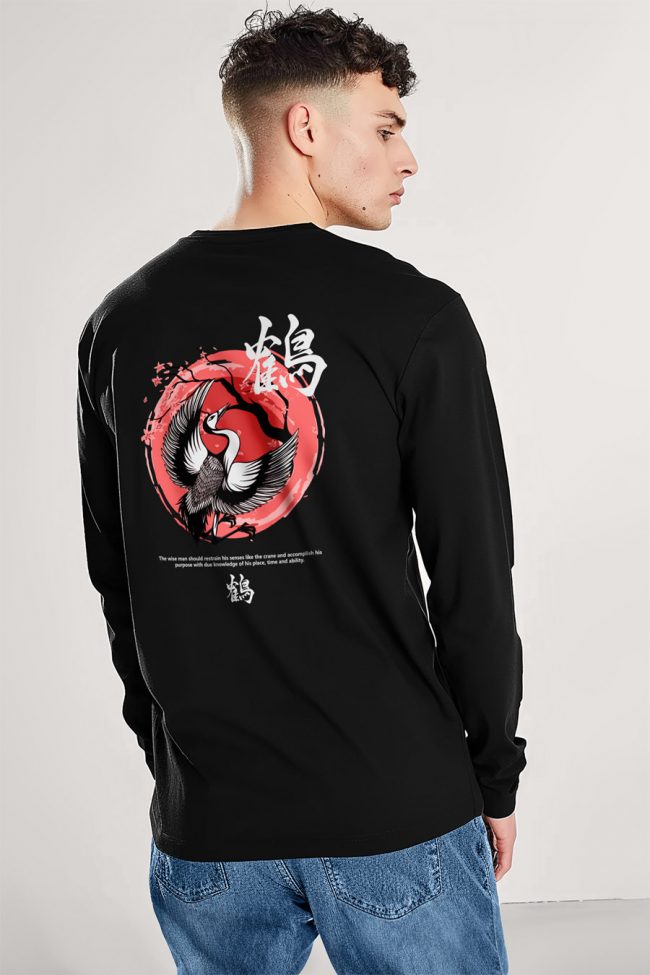 Japanese Toki Bird, Long Sleeve Μπλούζα σε Μαύρο Χρώμα