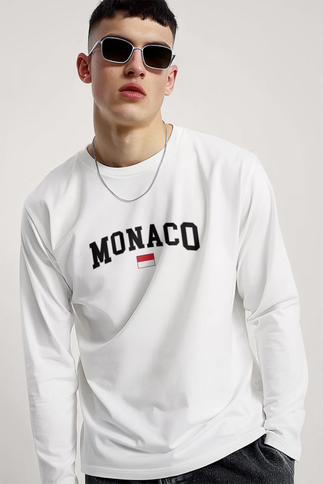 Monaco Flag, Long Sleeve Μπλούζα σε Λευκό Χρώμα