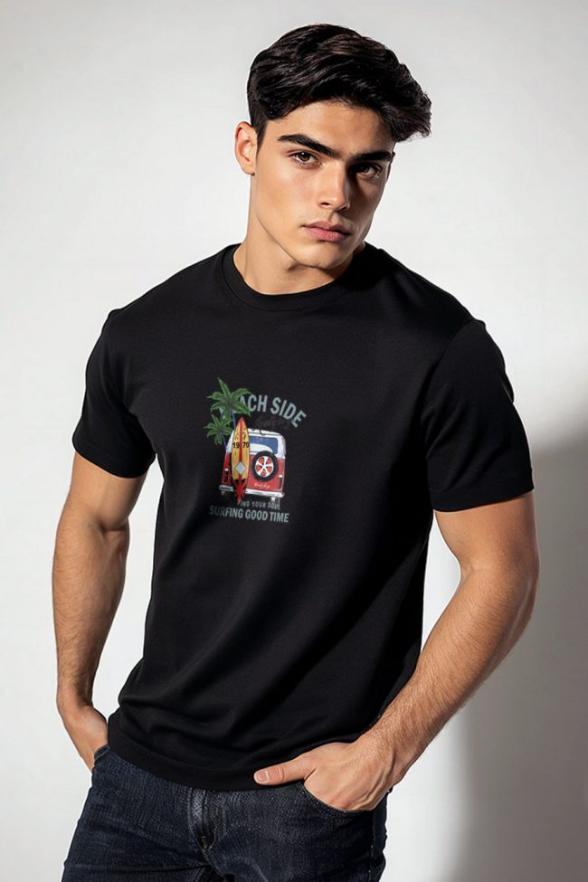 Beach Side Surfing, T-Shirt σε Μαύρο Χρώμα
