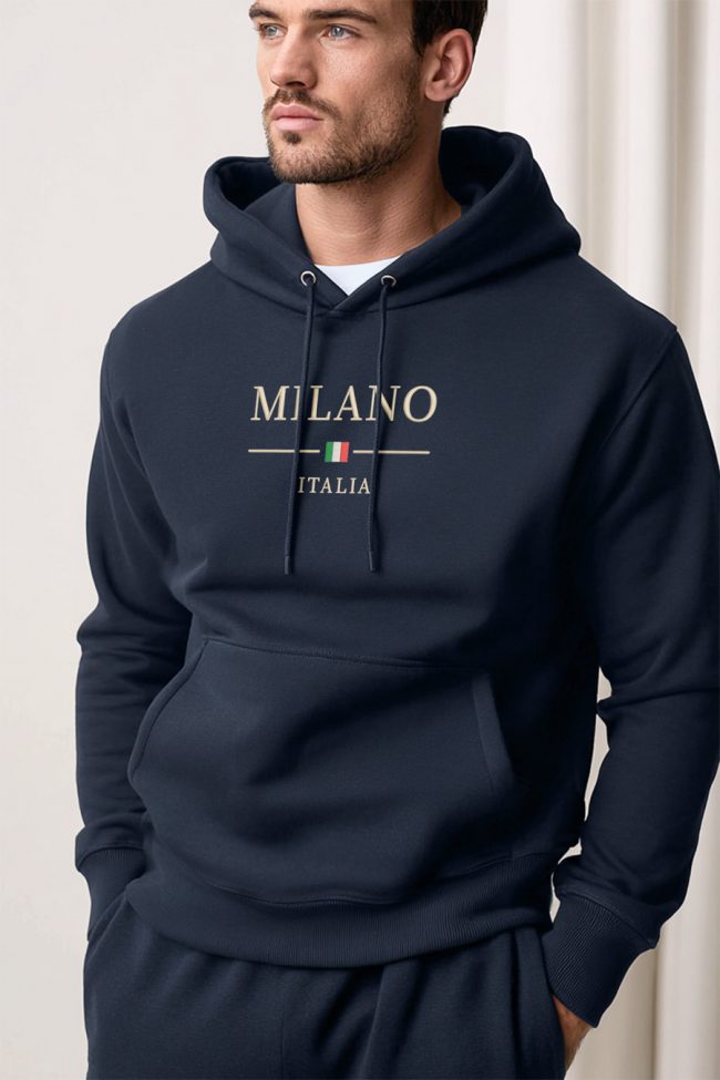 Milano Italia Flag, Φούτερ με Κουκούλα σε Μπλε Χρώμα