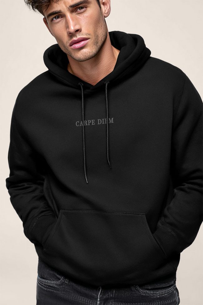 Carpe Diem Black, Φούτερ με Κουκούλα σε Μαύρο Χρώμα