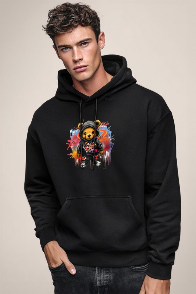 Graffiti Teddy, Φούτερ με Κουκούλα σε Μαύρο Χρώμα