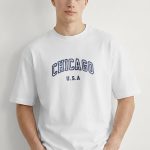 Oversized Ανδρικό T-Shirt σε Λευκό Χρώμα, Chicago Navy