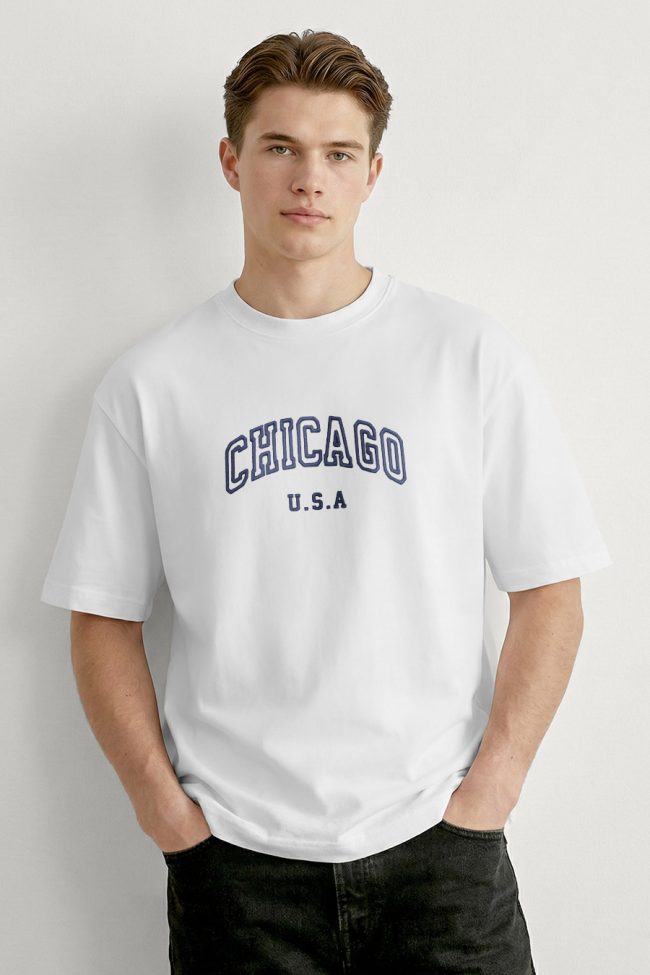 Oversized Ανδρικό T-Shirt σε Λευκό Χρώμα, Chicago Navy