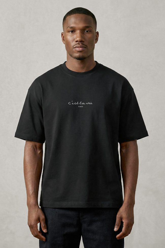 Oversized T-Shirt σε Μαύρο Χρώμα με σχέδιο, CEst La Vie Calligraphy White