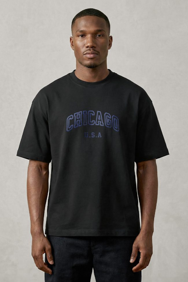 Oversized Ανδρικό T-Shirt σε Μαύρο Χρώμα, Chicago Navy