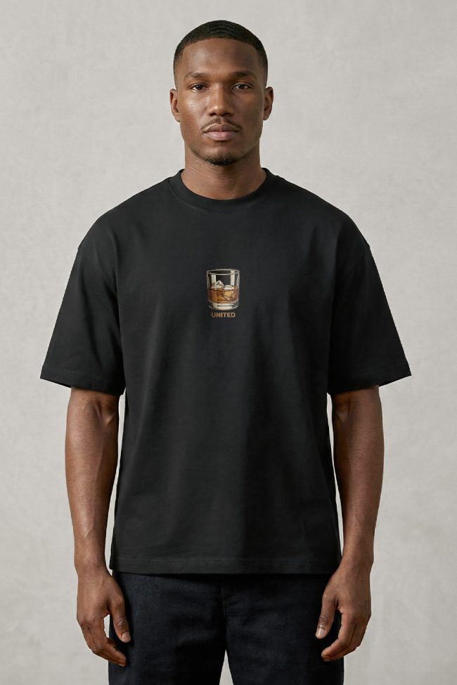 Oversized T-Shirt με Σχέδιο σε Μαύρο Χρώμα, Whiskey