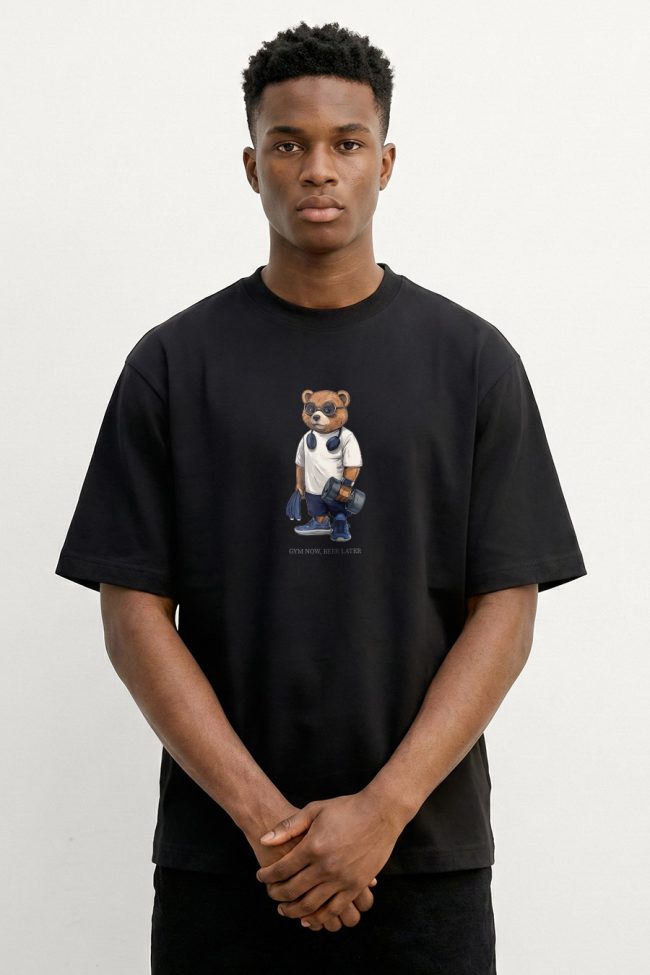 Oversized T-Shirt με Design Print σε Μαύρο Χρώμα, Gym First Teddy