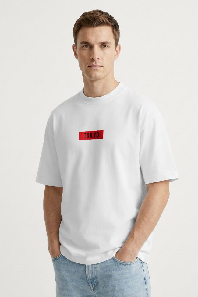 Oversized T-Shirt σε Λευκό Χρώμα με σχέδιο, Tokyo Red Stripe