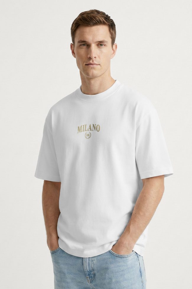 Oversized Ανδρικό T-Shirt σε Λευκό Χρώμα, Milano Gold