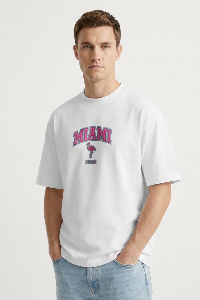 Oversized Ανδρικό T-Shirt σε Λευκό Χρώμα, Miami Pink