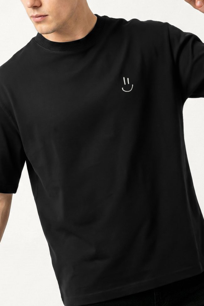Oversized T-Shirt με Design Print σε Μαύρο Χρώμα, Smiley Face