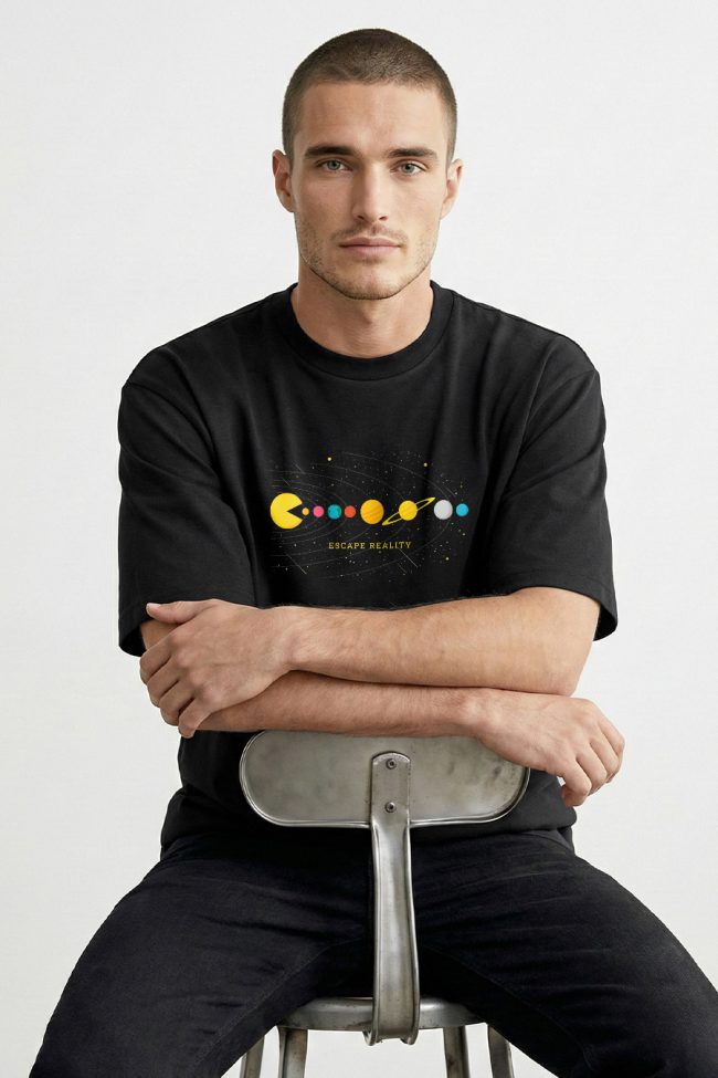 Oversized T-Shirt με Σχέδιο σε Μαύρο Χρώμα, Cosmic Arcade