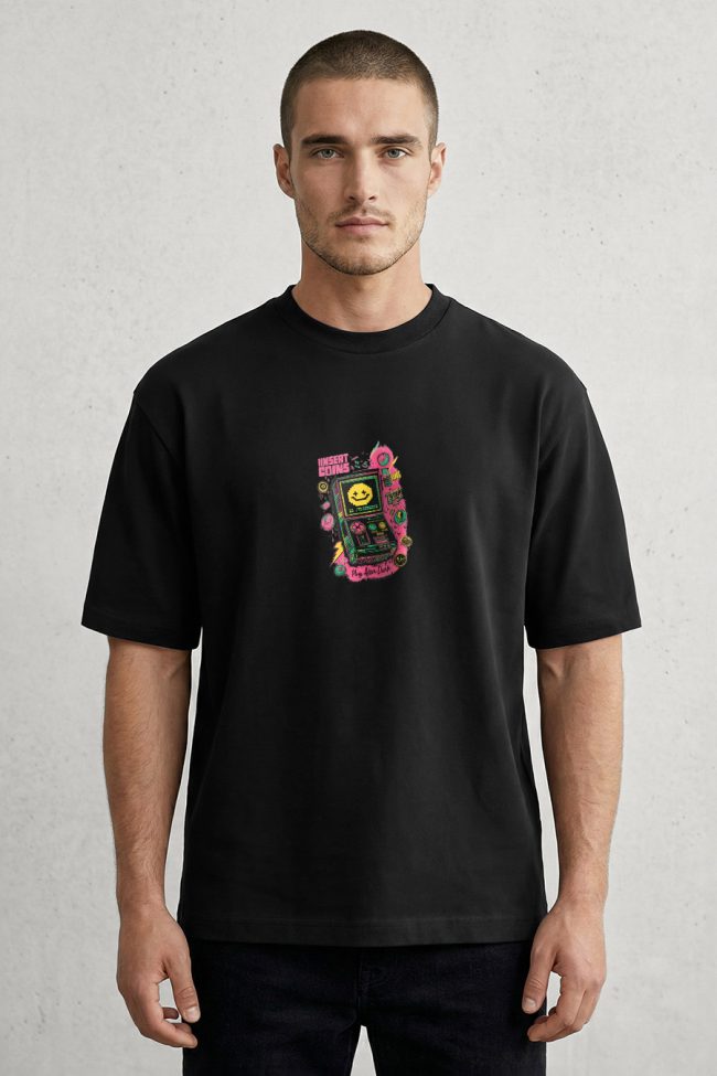 Oversized T-Shirt με Design Print σε Μαύρο Χρώμα, Insert Coins After Dark