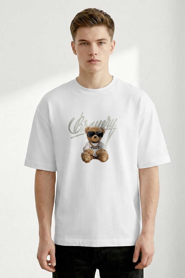 Oversized T-Shirt με Design Print σε Λευκό Χρώμα, Bravery Teddy