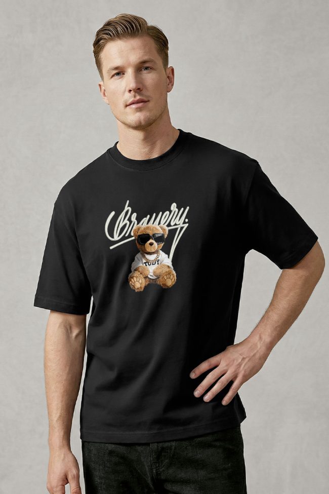 Oversized T-Shirt με Design Print σε Μαύρο Χρώμα, Bravery Teddy