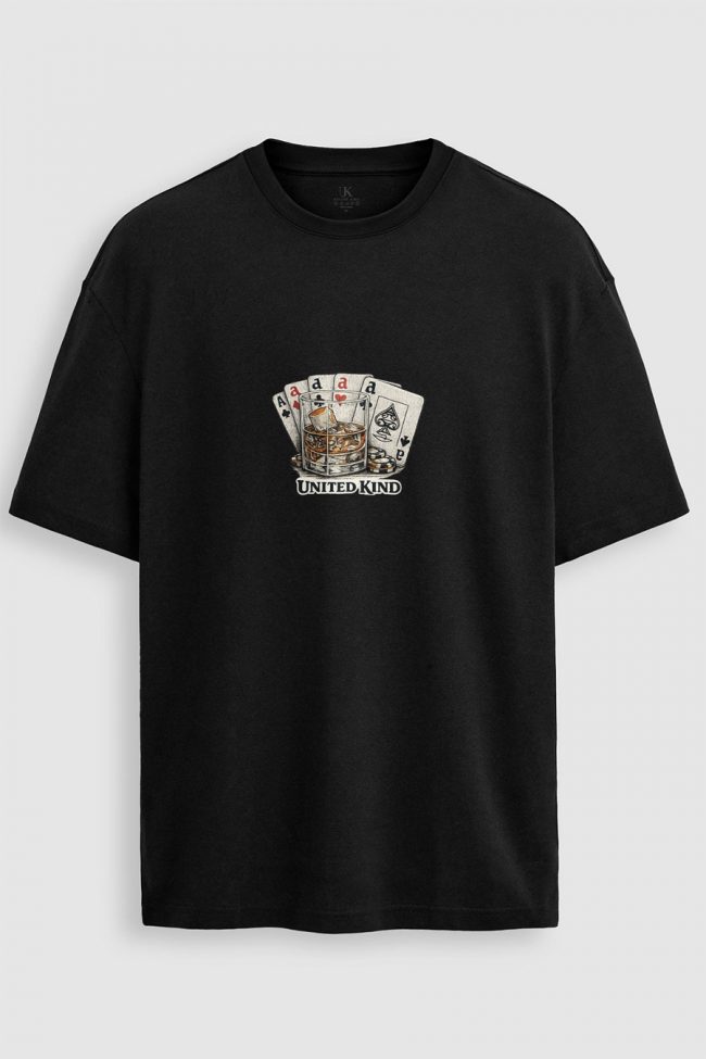 Oversized Ανδρικό T-Shirt σε Μαύρο Χρώμα, Whiskey Cards