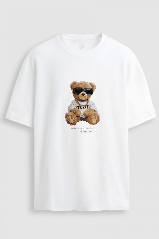 Oversized T-Shirt σε Λευκό Χρώμα με σχέδιο, Bling Teddy