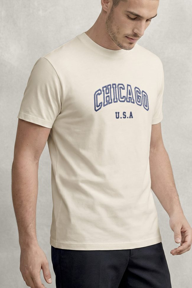 Chicago Navy, T-Shirt Μπλούζα με Σχέδιο σε Εκρού Χρώμα