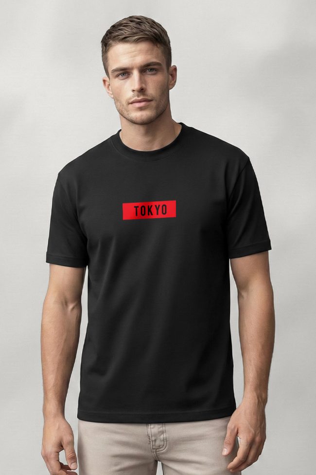 Tokyo Red Stripe, Heavy Cotton T-Shirt σε Μαύρο Χρώμα