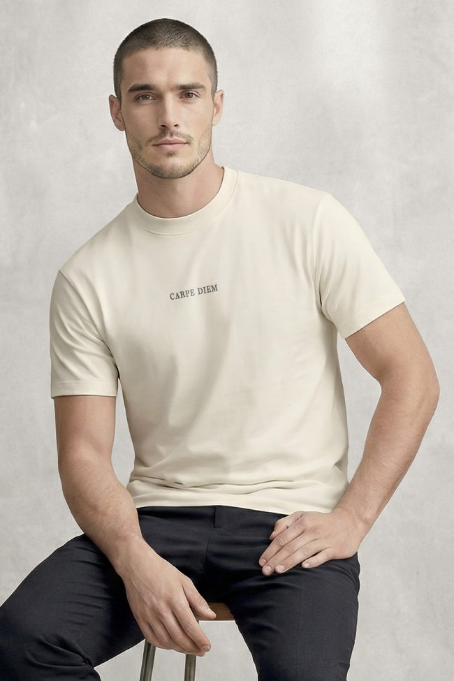 Carpe Diem Black, Heavy Cotton T-Shirt σε Εκρού Χρώμα