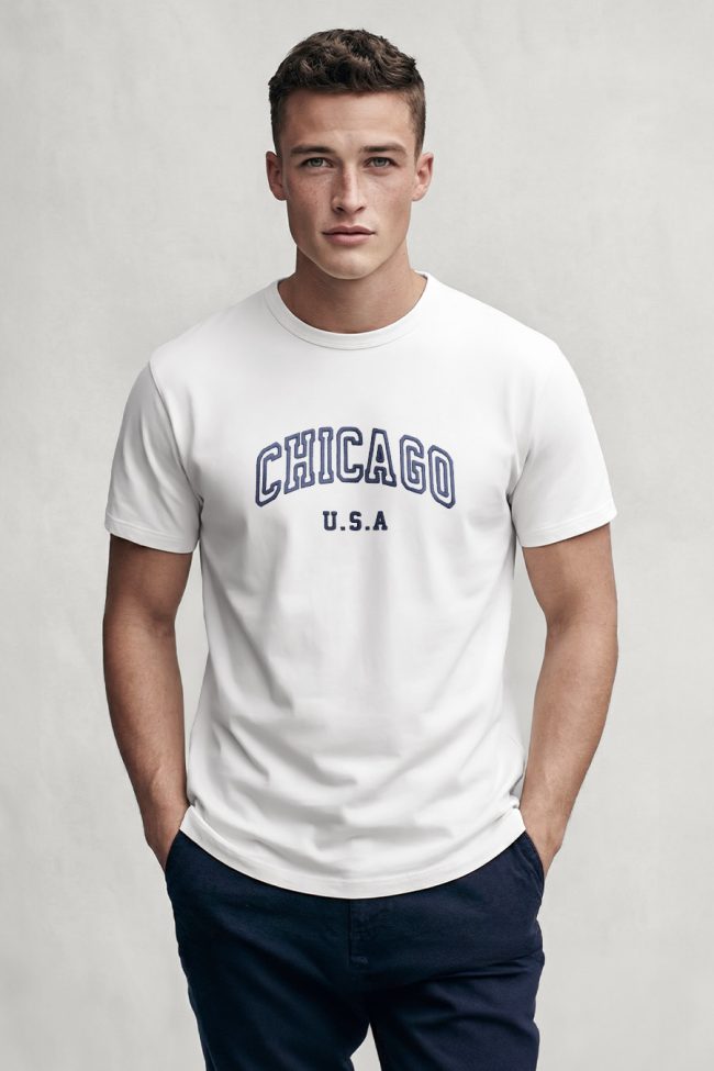 Chicago Navy, T-Shirt Μπλούζα με Σχέδιο σε Λευκό Χρώμα