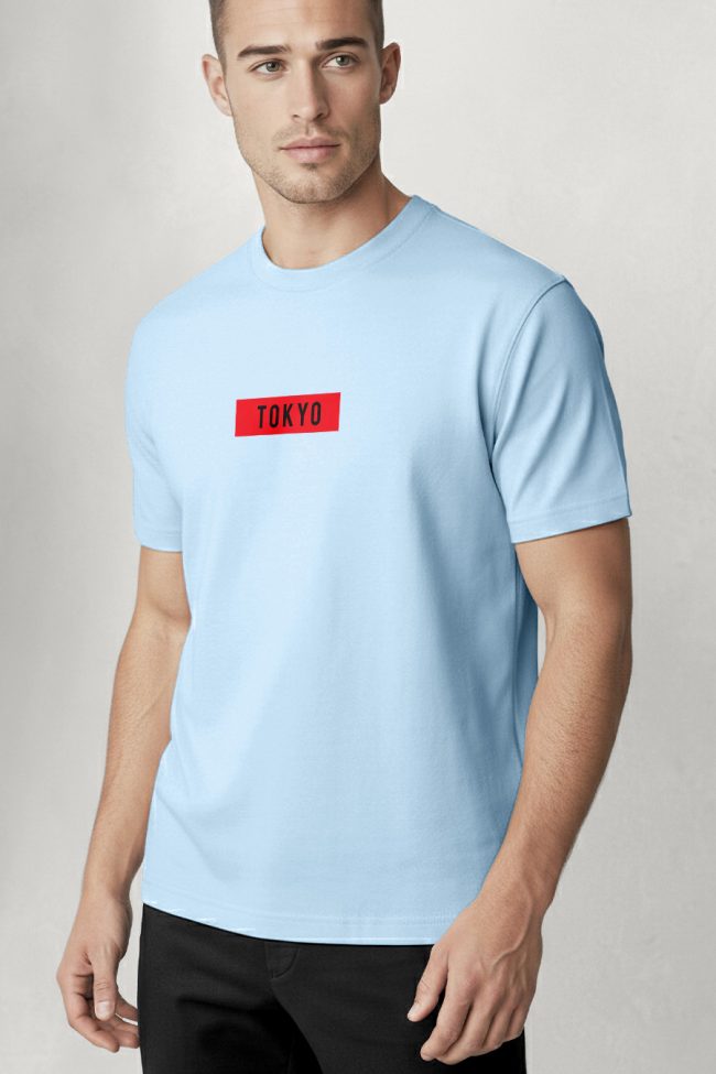 Tokyo Red Stripe, Heavy Cotton T-Shirt σε Γαλάζιο Χρώμα