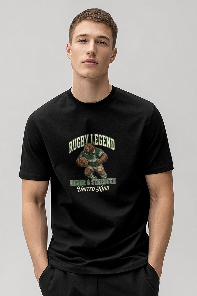 Rugby Legend Bear, Heavy Cotton T-Shirt σε Μαύρο Χρώμα