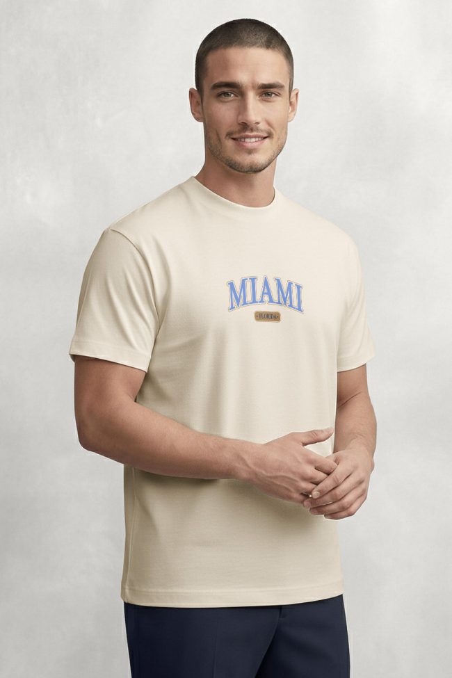 Miami Florida, T-Shirt Μπλούζα με Σχέδιο σε Εκρού Χρώμα