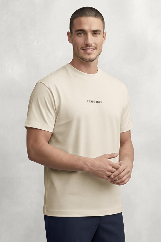 Carpe Diem White, Heavy Cotton T-Shirt σε Εκρού Χρώμα