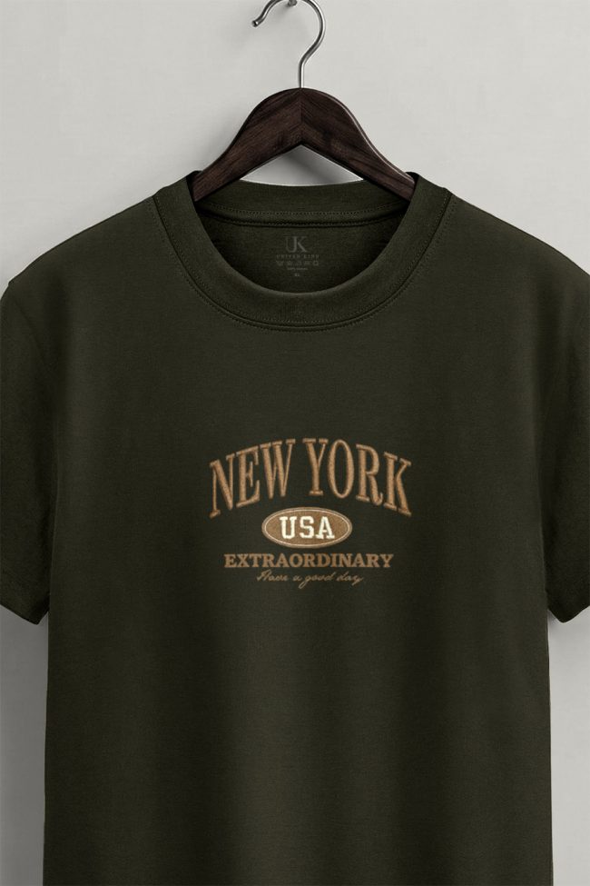 New York Extraordinary, T-Shirt Μπλούζα με Σχέδιο σε Χακί Χρώμα