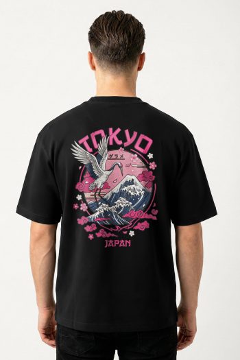 Oversized T-Shirt σε Μαύρο Χρώμα με σχέδιο, Tokyo Pink