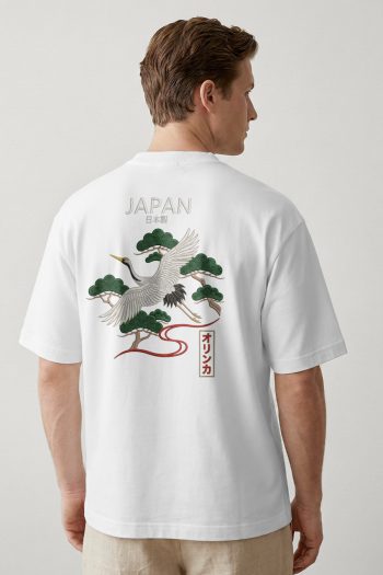 Oversized T-Shirt σε Λευκό Χρώμα με σχέδιο, Wild Crane
