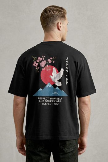 Oversized T-Shirt σε Μαύρο Χρώμα με σχέδιο, Japan Sakura Dove