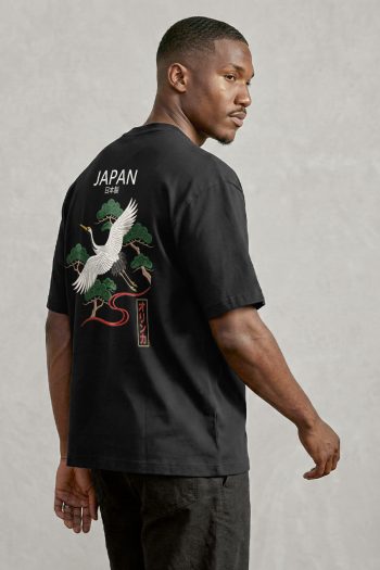 Oversized T-Shirt σε Μαύρο Χρώμα με σχέδιο, Wild Crane