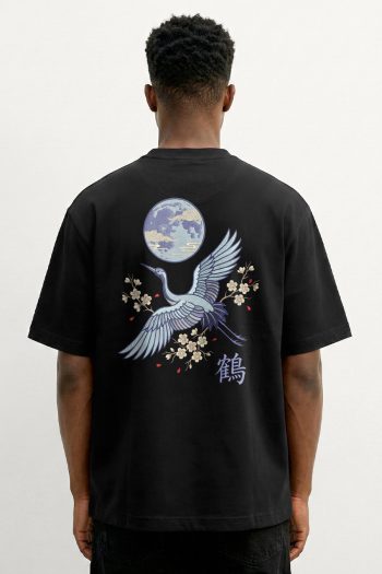 Oversized T-Shirt σε Μαύρο Χρώμα με σχέδιο, Wild Crane Moon