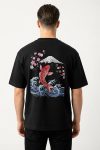 Oversized T-Shirt σε Μαύρο Χρώμα με σχέδιο, Japan Koi Wave