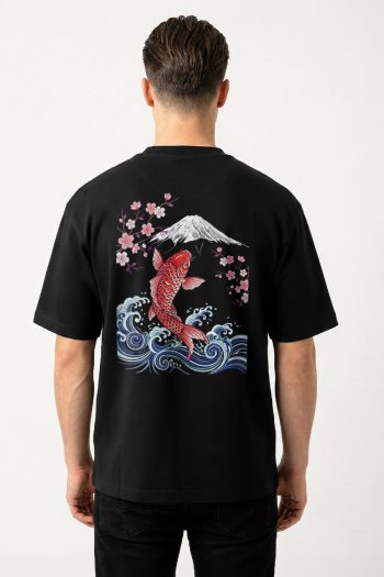 Oversized T-Shirt σε Μαύρο Χρώμα με σχέδιο, Japan Koi Wave