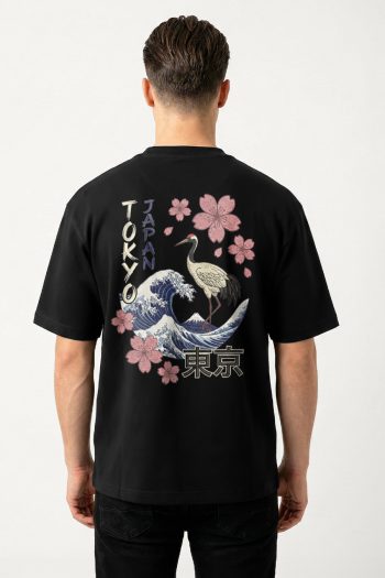 Oversized T-Shirt σε Μαύρο Χρώμα με σχέδιο, Tokyo Sakura Crane