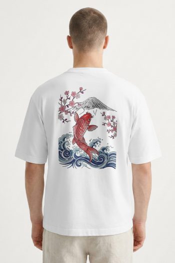 Oversized T-Shirt σε Λευκό Χρώμα με σχέδιο, Japan Koi Wave