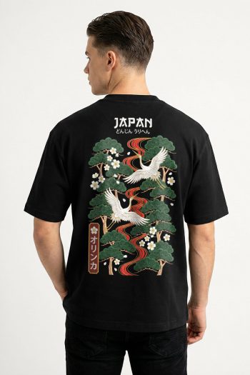 Oversized T-Shirt σε Μαύρο Χρώμα με σχέδιο, Japan Crane