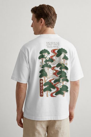 Oversized T-Shirt σε Λευκό Χρώμα με σχέδιο, Japan Crane